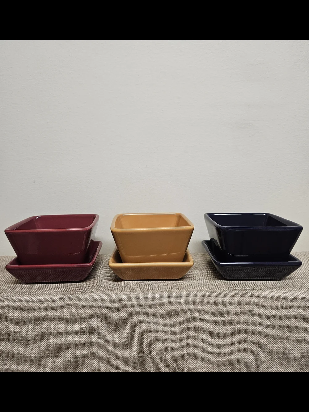 Pampered Chef Ceramic Snack Set in Burgundy, Mustard, and Navy